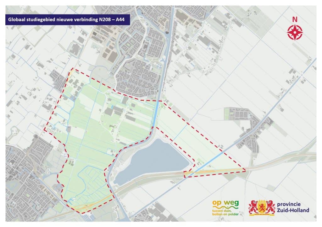 Kaartje van globaal studiegebied nieuwe verbinding N208-A44.